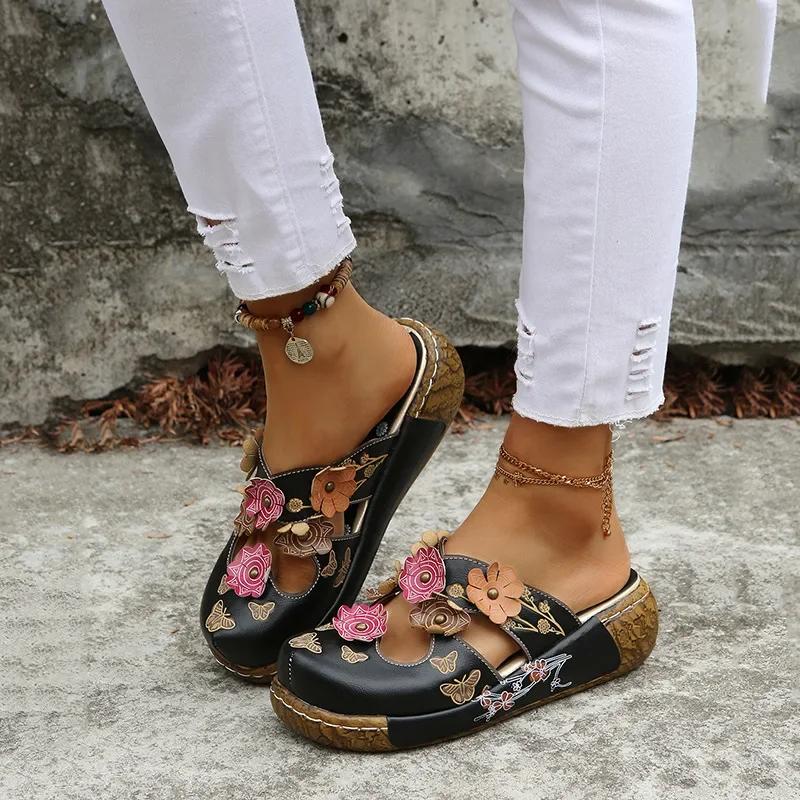 New Baotou Ethnic Slippers Bottom Flower Handmade Thick Sole Retro Women's Platform Sandals Zapatillas Mujer 2025