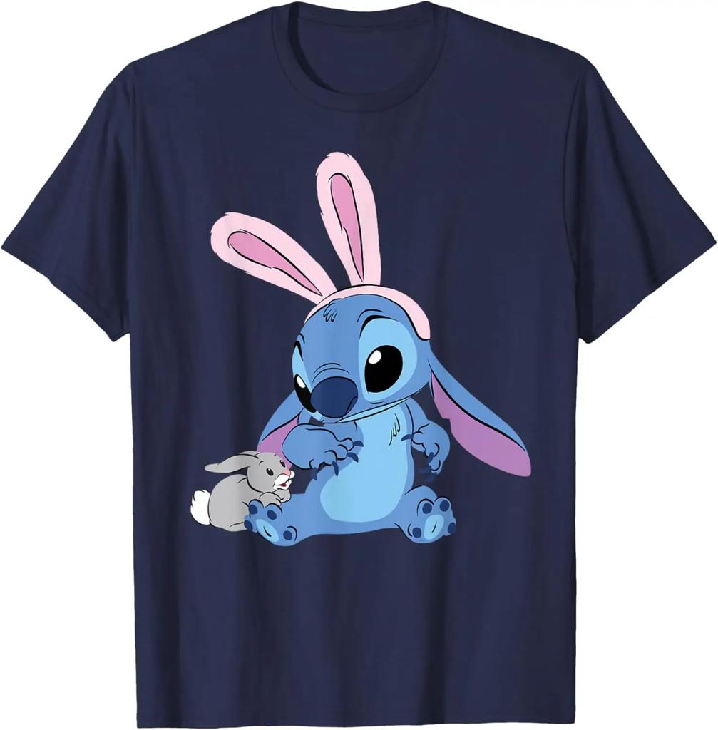 Hot Fashion Casual Disney Stitch in Easter Bunny Costume with Cute Fuzzy Friend T-Shirt S-4XL Summer
