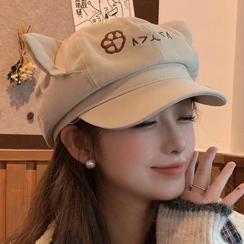 Korean Retro Cat Ear Octagonal Beret For Women Autumn And Winter Brushed And Warm