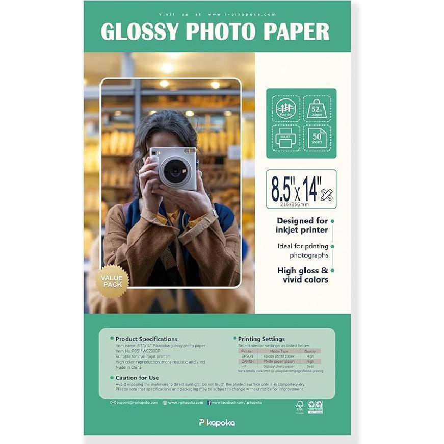 8.5 X 14 Glossy Photo Paper for Inkjet Printer, US Legal Size, 50 Sheets (P8514WS200GP)