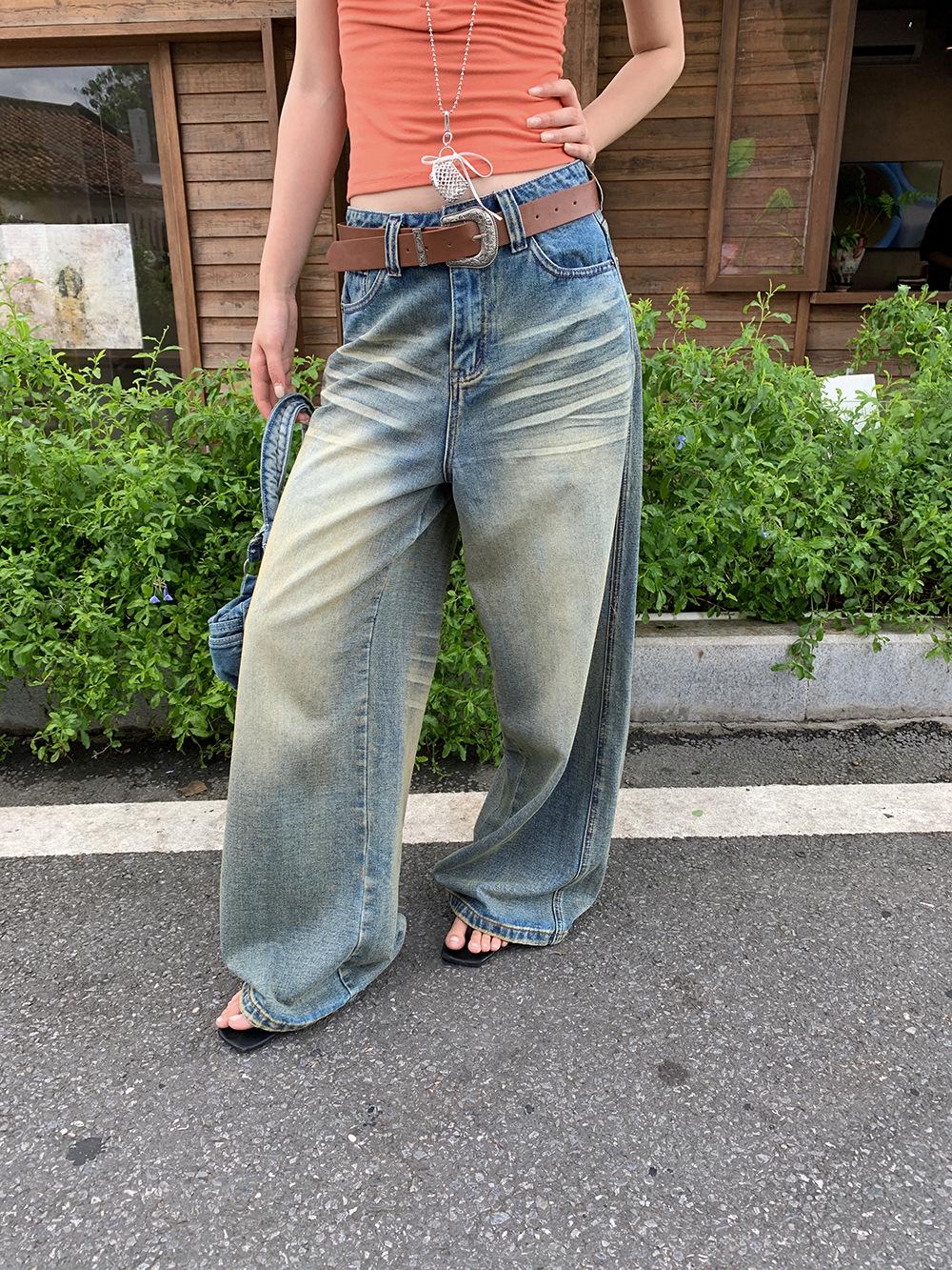 [9hour] Women s American Style Distressed Wide Leg Jeans with Belt, Summer 2025 S