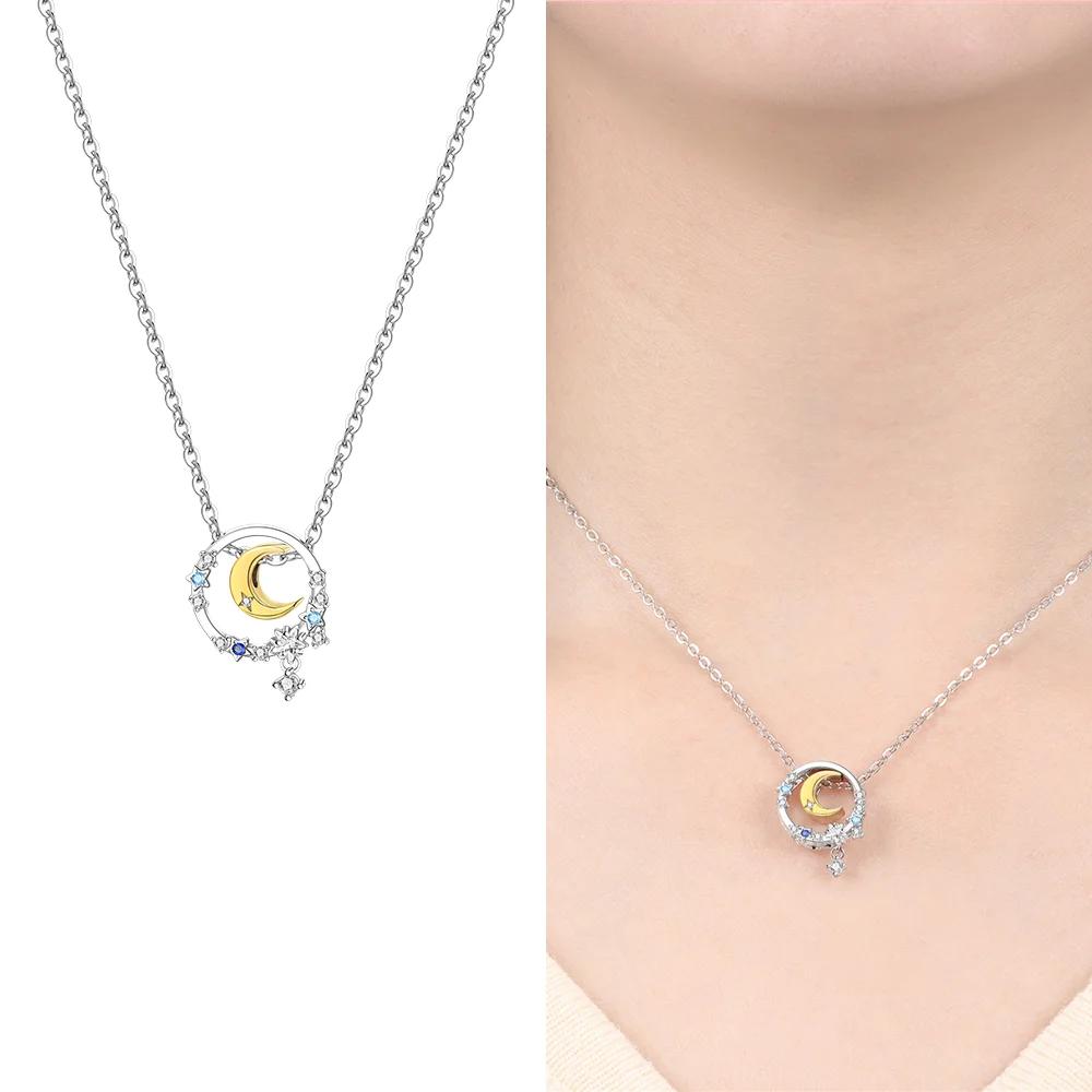 Authentic copper Necklaces Starry Sky Pendant Blue Zircon Moon Star Shape Heart Necklaces Women Jewellery Classical Anniversary Gift