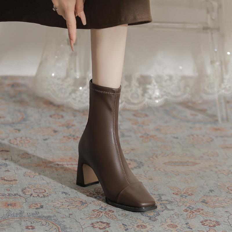 832-2 square head thick heel single boots rear zipper Martin boots 2025 autumn and winter new high heel versatile short boots bare boots