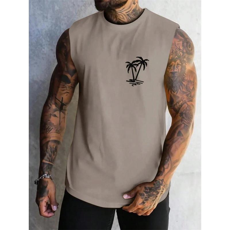 3D Printed Colorful Stripe Gradient Tank Tops For Men Coconut Tree Pattern Tees Summer Loose Street Sport Tops
