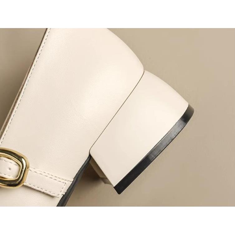 Spring Summer Women's French Style Shoes - Square Toe Chunky Heel Shoes with Metal Buckle Ankle Strap Leather Shoes