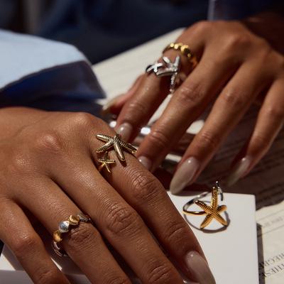 Yori Stainless Steel 18K Gold PVD Plated Ocean Starfish Asymmetrical Ring for Women Vacation Daily Jewelry Accessory 2025