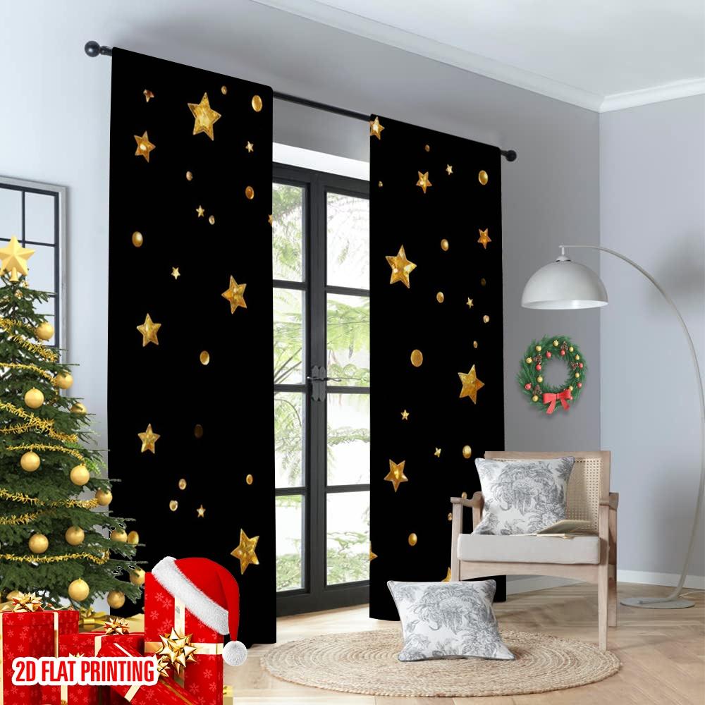Flat Printing Window Drapes Golden Glitter Stars Digital Printed Polyester Holiday Decorations Use Oversized Curtains Set Of 2 Made