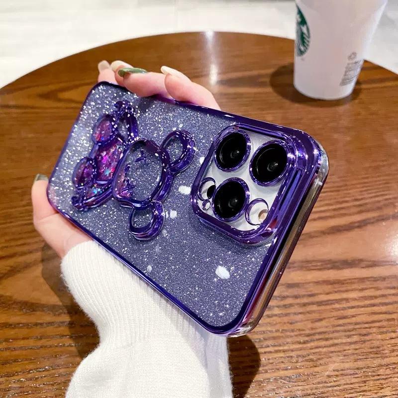 Electroplating quicksand violent bear is suitable for iPhone17 mobile phone case with glass lens film Apple 16 transparent soft case