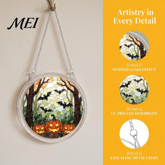 Decorative Glass Effect Pendant Halloween Acrylic Puzzle Window Suncatcher, Stained Style Hanging Ornament Retro Skeleton Pumpkin Crow with