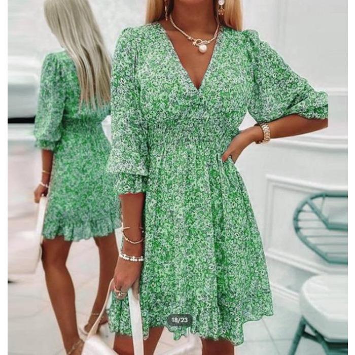European and American New Temperament Waist and Thin Medium and Long Dress Bohemian Printing Short-sleeved Floral Dress
