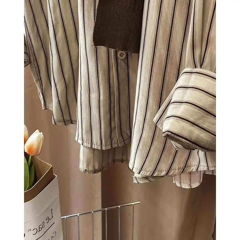 Spring Autumn Fake Two-piece Women's Shirt Brown Kintted Shawl Back Vertical Stripe Shirt Blouse French Style Women's Shirt