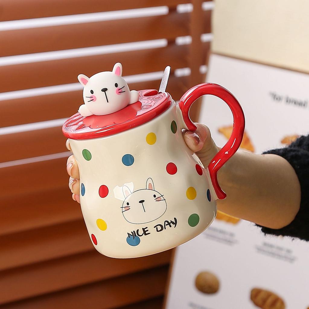 Polka dot animal cat mug with lid spoon gift box ceramic cup household water cup female cute office cup