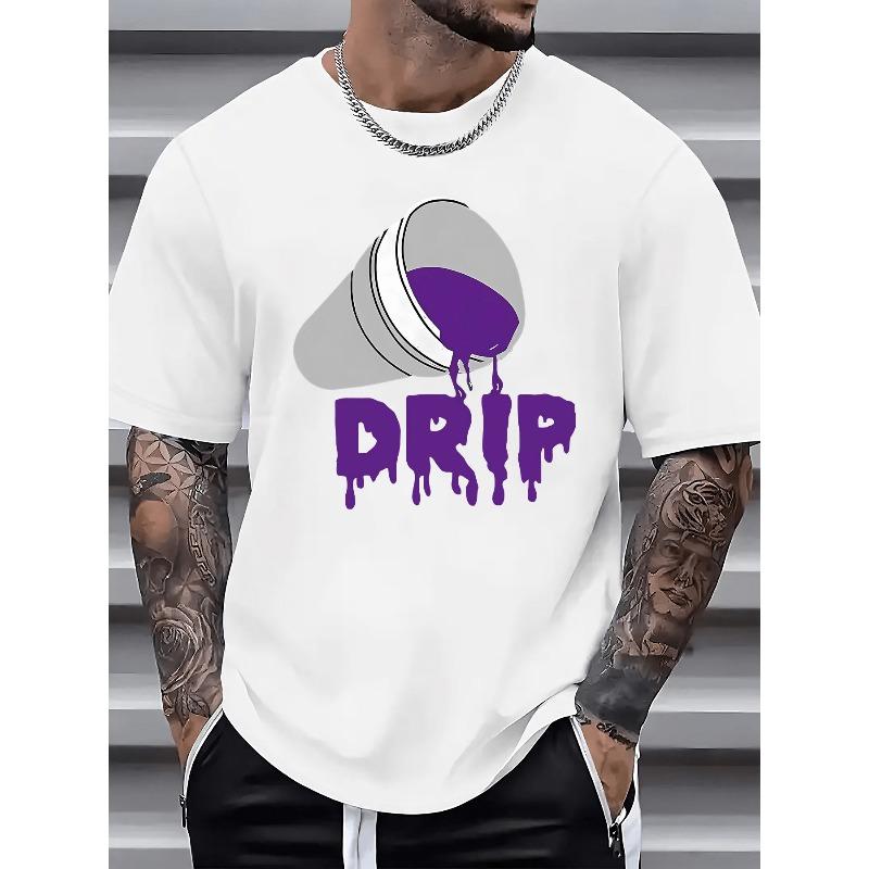 European Sizes Men's White Casual Graphic T-Shirt with Purple Liquid Drip Print & DRIP Text - Summer Short Sleeve Round Neck Tee
