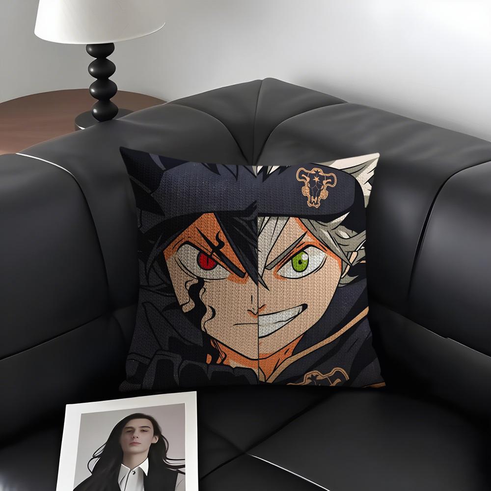 B-Black C-Clover Anime Cushion Cover Natural Linen Organic Fabric Double-Sided Printing Sofa Home Decor Gift Pillow Case