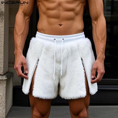Men Drawstring Elastic Waist Zip-up Hem Furry Mini Shorts Pants