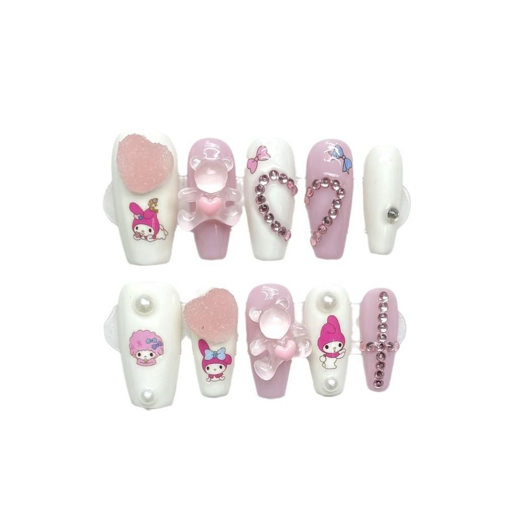 100% HANDMADE Long Coffin Shape Fake Nail Set with Glue Melody Girly Heart Pink Sugar Love Contrast Color Press On Nails Acrylic Reusable Fake Nails
