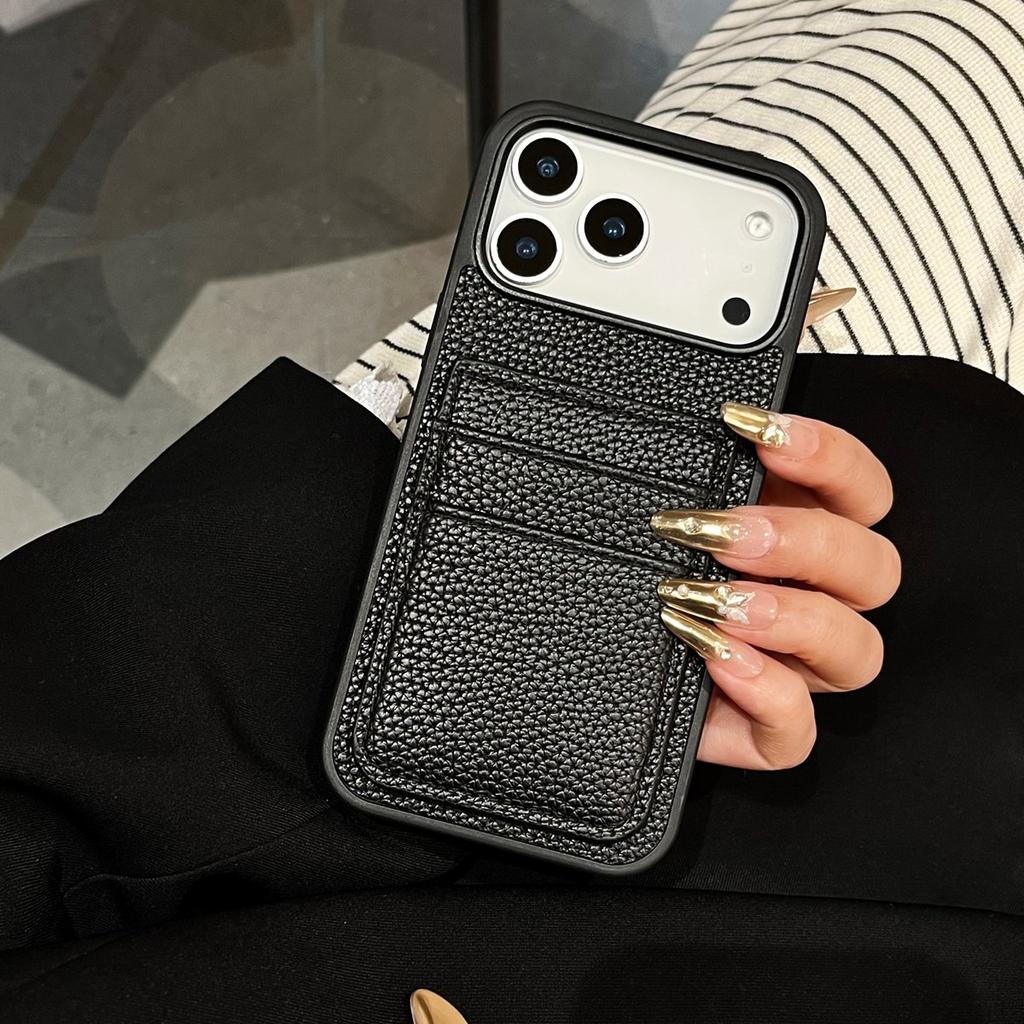 Dual Card Holder Wallet Shockproof Case For iPhone 17 Air 16 15 14 13 12 11 Pro Max Plus Lychee Leather Patterned Bumper Cover