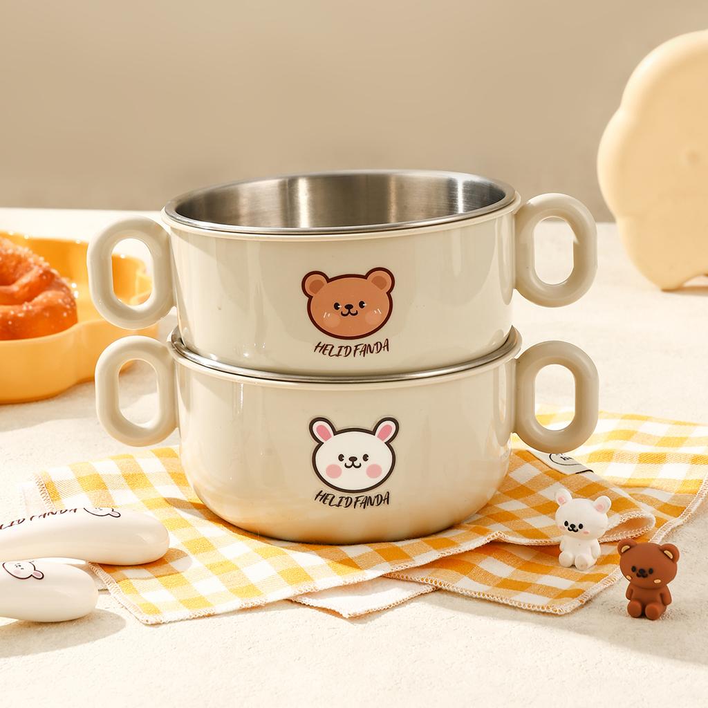 500ml Double-Layer Rice Bowl Cartoon Anti-scalding 304 Stainless Steel Soup Bowl For Kid Double Handle Food Container
