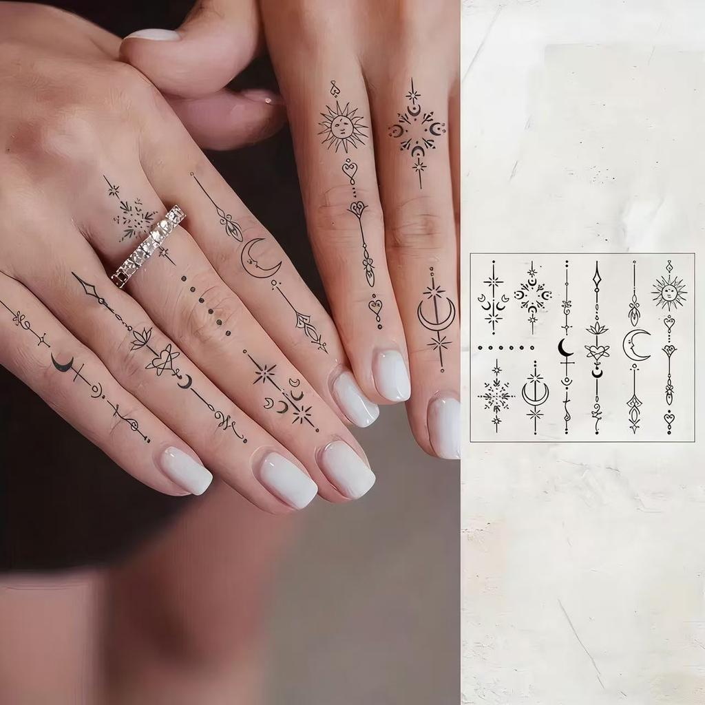 1 Sheet Sun Crescent Totem Chain Temporary Tattoos For Women Finger, Fake Tattoo Sticker Waterproof Long Lasting Realistic Tatoo