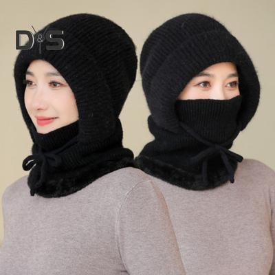 Women Winter Hat with Integrated Scarf Thick Imitation Rabbit Fur Warm Knitted Windproof High Elasticity Full Protection Outdoor Travel Cold Weather