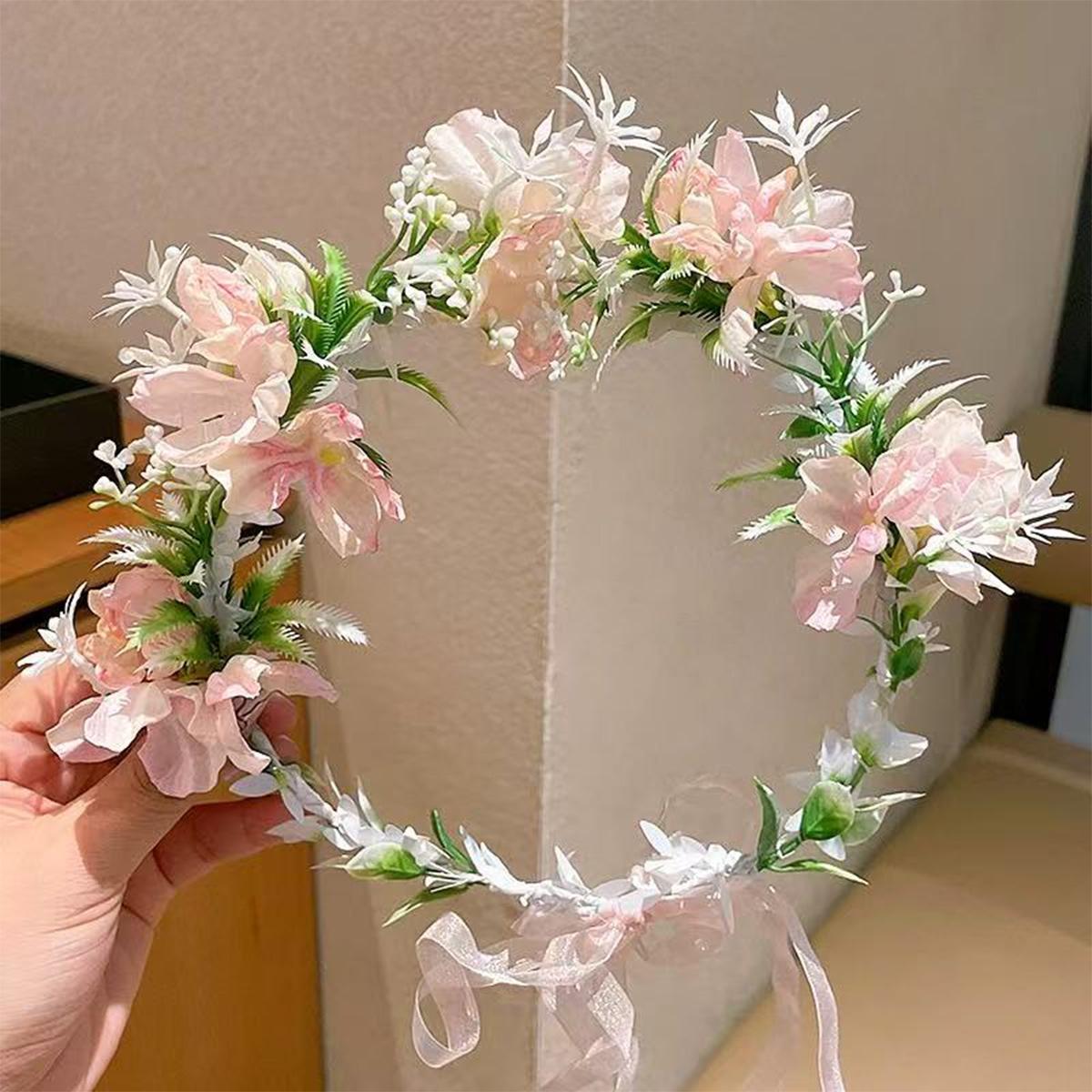 

Pink Flower Crown Wreath Bridesmaid Headband,Women s Garland Hair Hoops,Floral Crowns Brides Headpiece for Wedding Party розовый