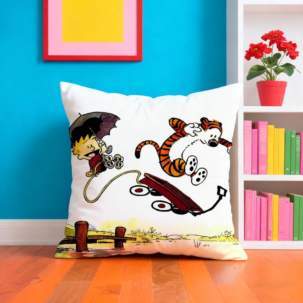 C-Calvin And H-Hobbes Cushion Cover Plush Fabric Soft Double-Sided Printed Sofa Warm Winter Home Gift Pillow Case