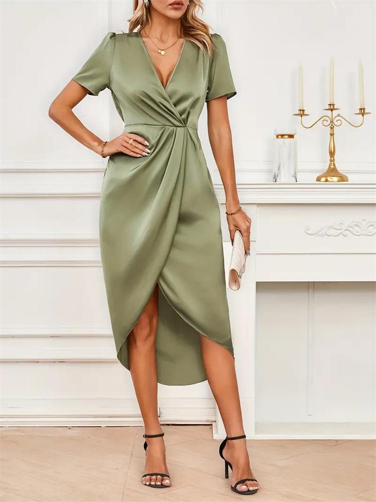 Women's Satin Crossover Wrap Dress - Spring/Summer Short Sleeve Long Irregular Skirt