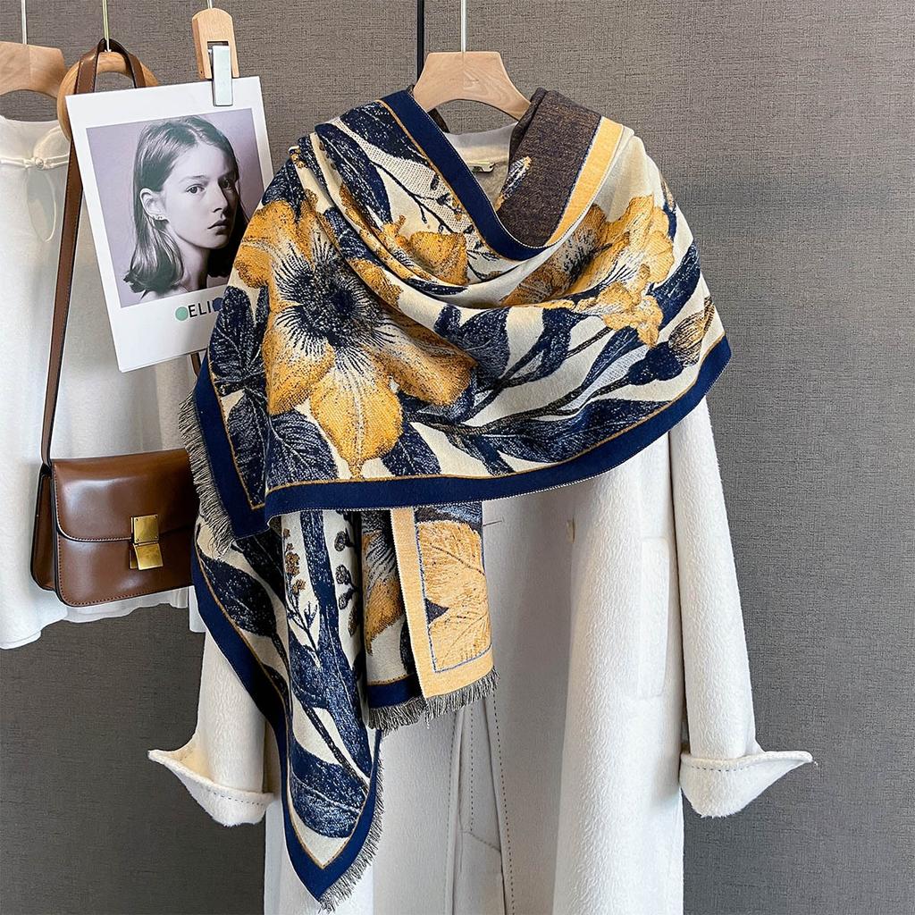 Autumn and winter fashion plant flower print scarf retro flower pattern large shawl warm and cold versatile scarf women
