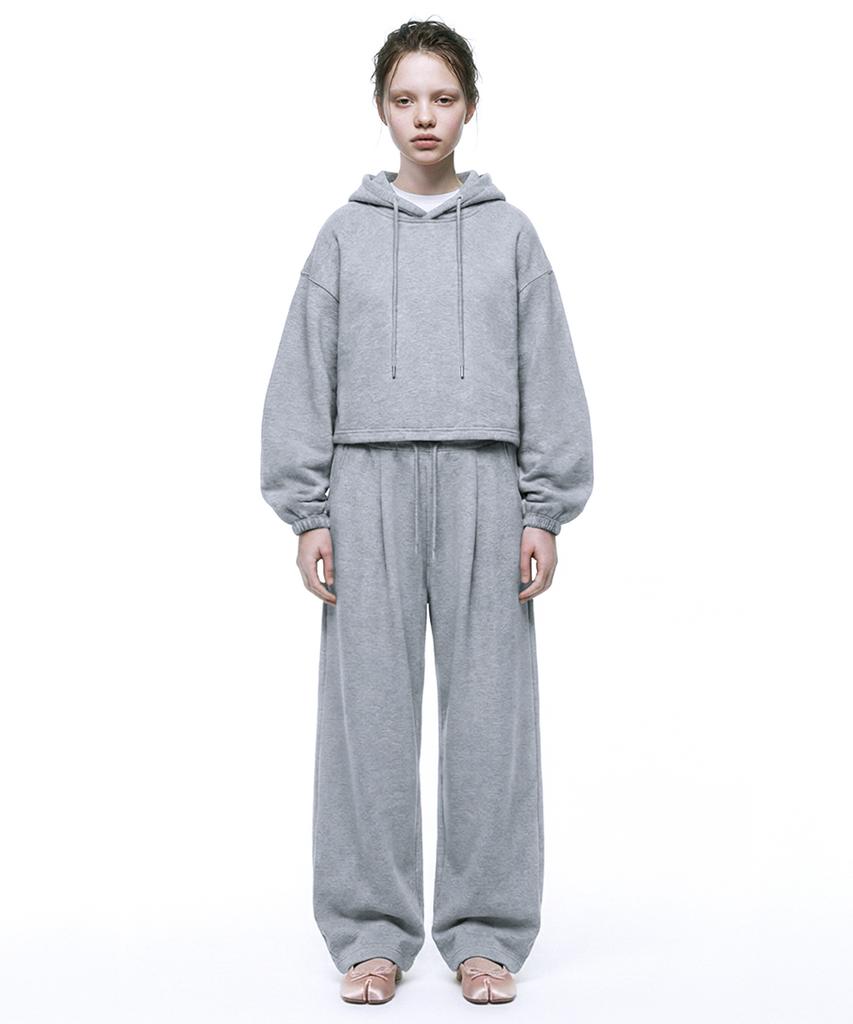 [Set] String Oversized Crop Hoodie + Single-Pleat Wide Pants - Melange