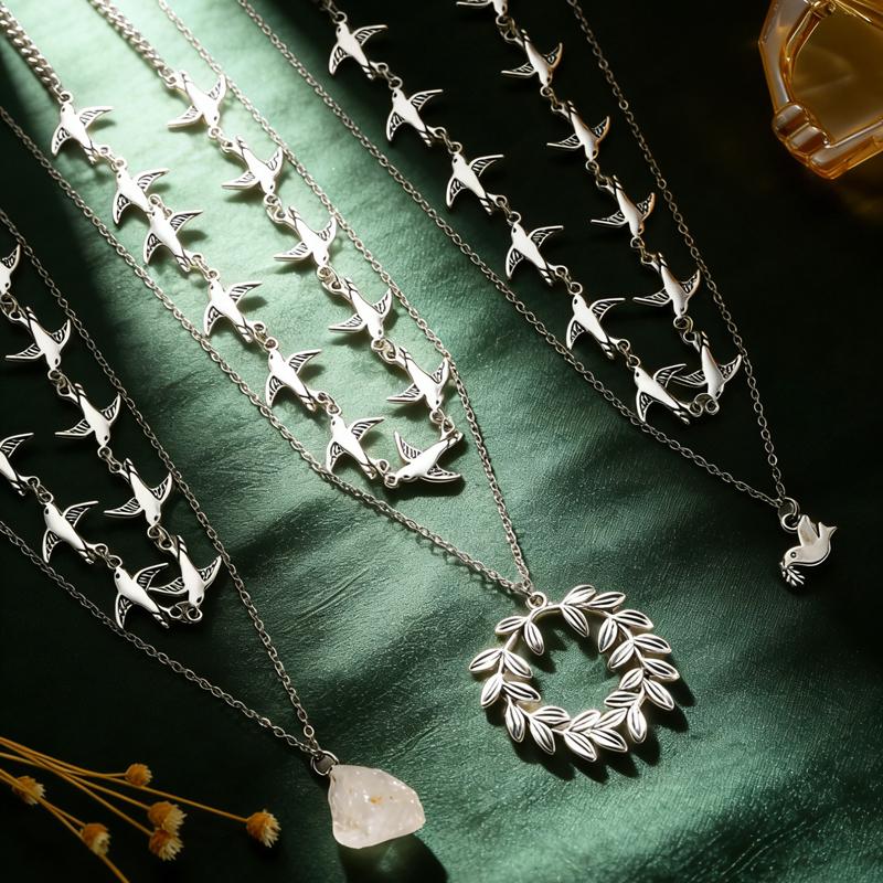 Creative Metal Bird Bead Pendant Necklace for Women Personality Silver Color Pigeon Multi-Layer Stacked Clavicle Chain Jewelry