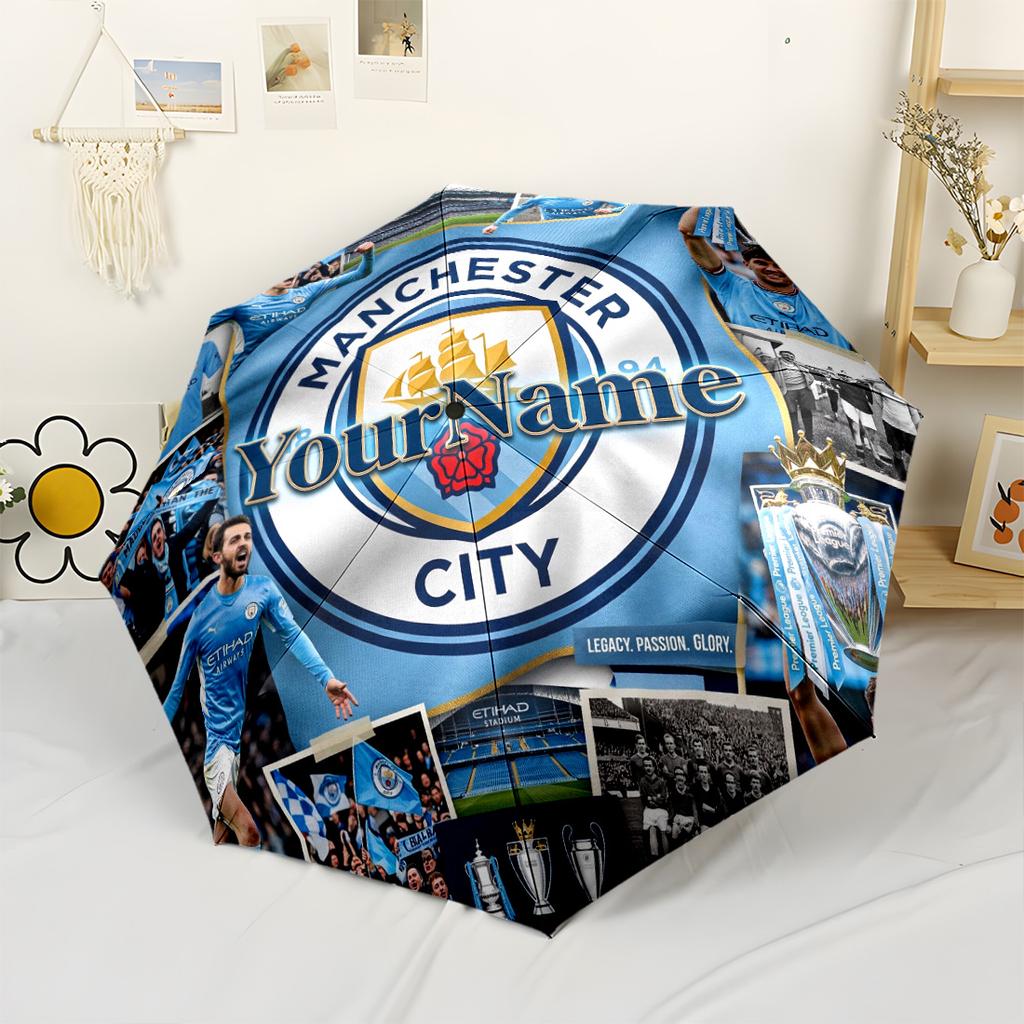 Manchester City Customizable Name Umbrella Compact Travel Automatic Umbrella Retractable Design with 8-Rib Durability Durable Plastic Iron