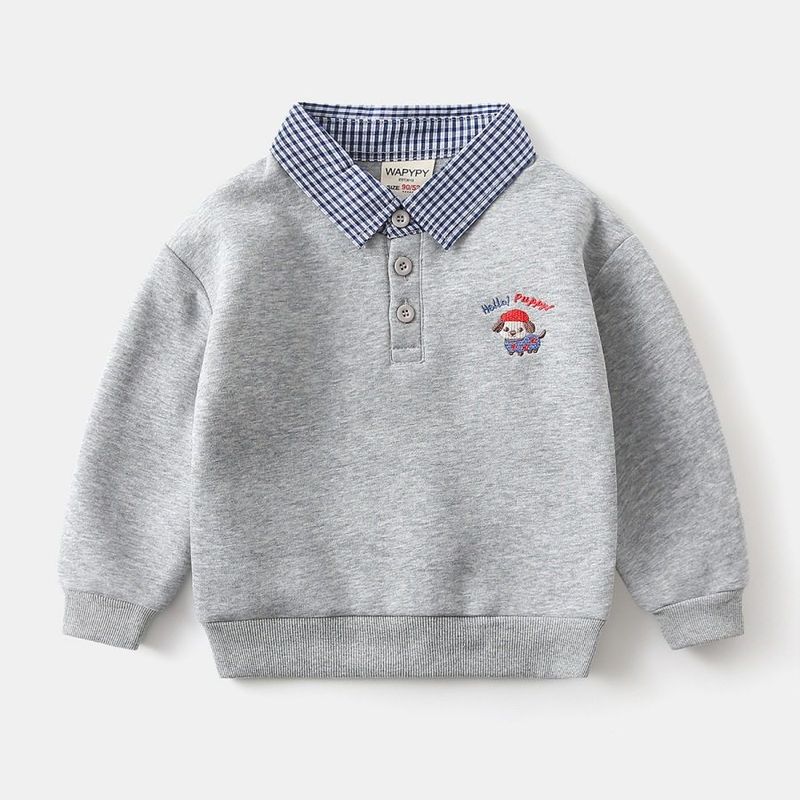 Spring and Autumn Children's Clothing Boys' Long-Sleeved Sweatshirt Children's Fake Two-Piece Pullover Baby Embroidered Puppy Lapel Top