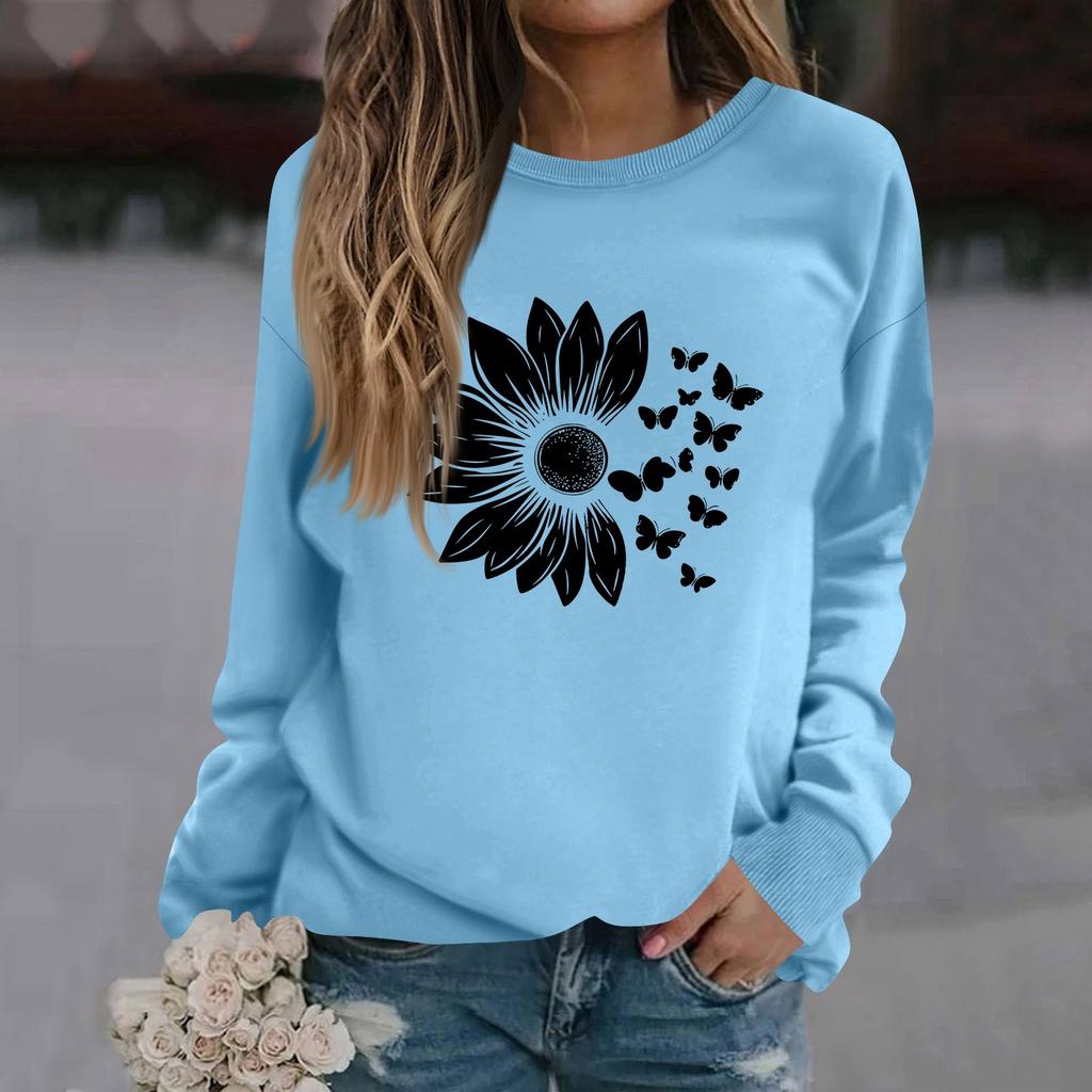 Women's Fashion Casual Long Sleeve Solid Color Printed Round Neck Top Sweatshirt