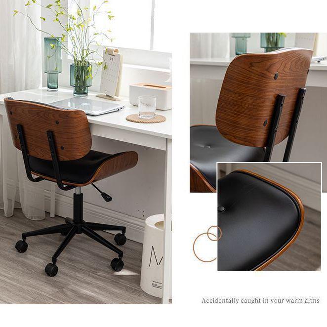 Solid Wood Retro Swivel Chair: Light Luxury Leather Lift, Nordic Style, Comfortable for Home Study & Office.