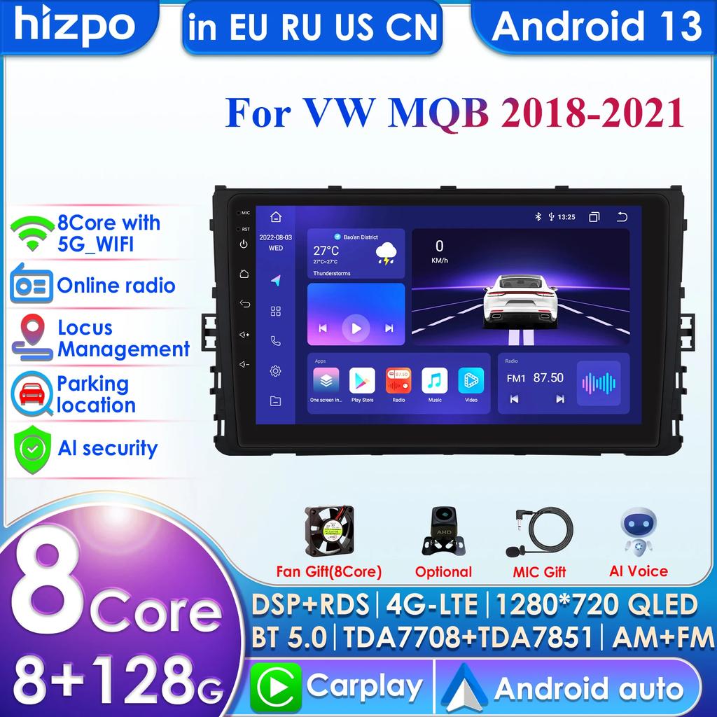 Hizpo 9'' QLED Screen Carplay 4G 2Din Android13 Car Radio for For VW MQB Polo Plus T-Cross Zoals T-Kruis T-Roc Tharu Sagitar Intelligent Autoradio