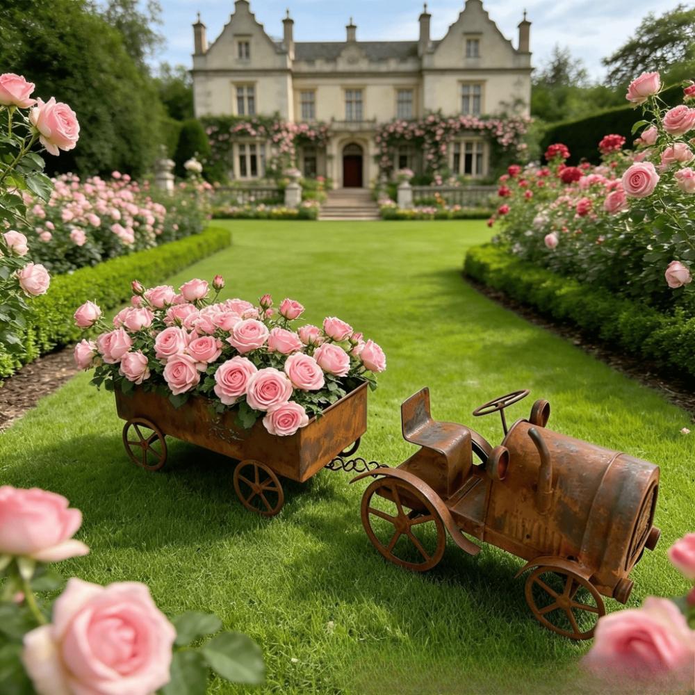 Rusty Vintage Metal Tractor Planter with Wheels Rustic Farmhouse Decorative Truck Carriage for Plants & Floral Displays