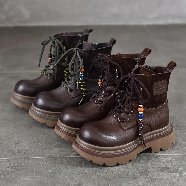 Johnature Thick Soled Cowhide Lace Up Short Boots Retro Side Zipper Genuine Leather Women's Boots