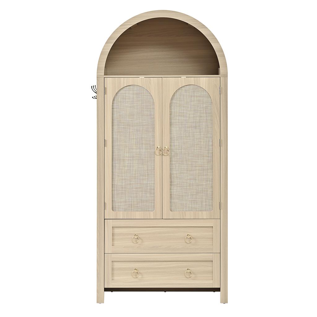 Credenza in intreccio di vimini stile ad arco, doppio cassetto, credenza vintage per soggiorno e camera da letto, armadio contenitore