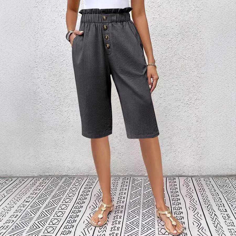 New Solid Color Cotton And Linen Pocket Button Women'S Casual Pants Shorts