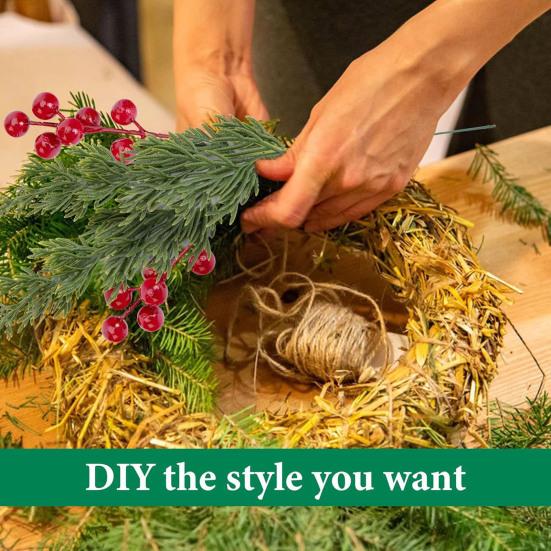 50 Pcs Christmas Artificial Picks Fake Greenery Pine Branches Faux Red Berry Stems for DIY Christmas Garland Wreath Flower Arrangement Decoration