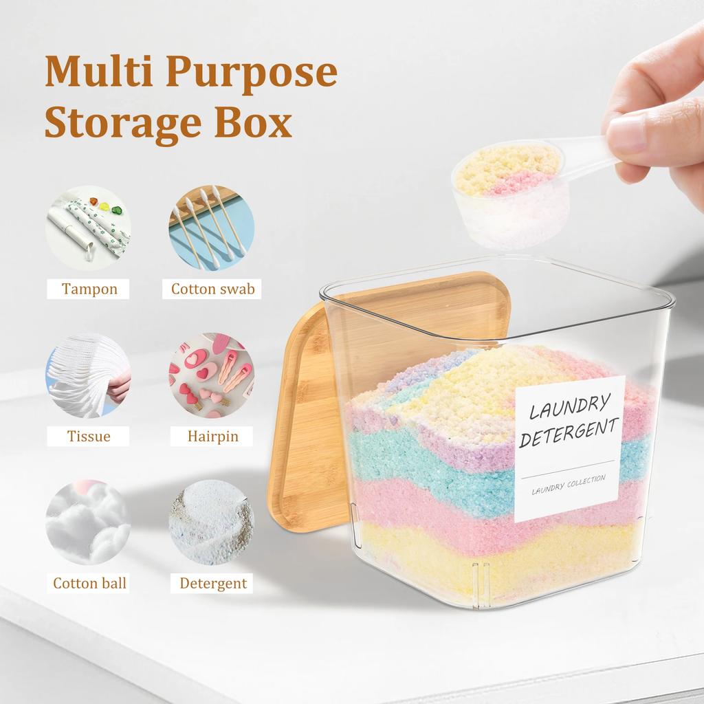 3/4 Stück Waschpulverbehälter PET Transparente Aufbewahrungsbox mit Bambusdeckel und Löffel Trocknertuchhalter Set Wäschezubehör