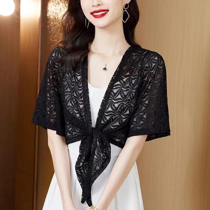 WTEMPO Women's Casual Solid Color Lace Sunscreen Shawls Coats Spring Summer Casual Versatile Thin Breathable Cardigans