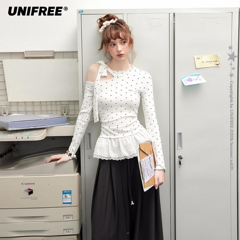 UNIFREE Women s Polka Dot Lace Off-Shoulder Long Sleeve T-Shirt L