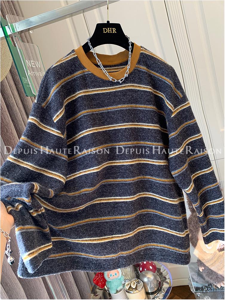 Plus Size Striped Long Sleeve Fluffy T-Shirt for Women - Cozy Winter Casual Wear
