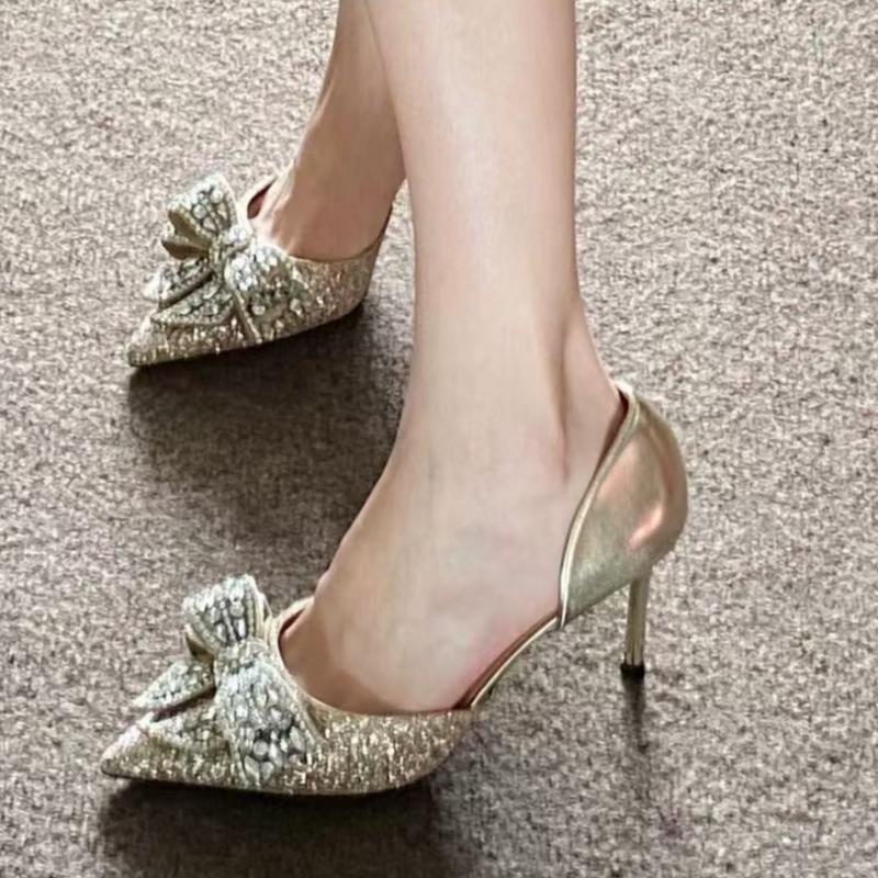 Fashion Women's Fashion Single Shoes Spring New Style Pointed Head Shallow Mouth Crystal Butterfly Knot Set Foot Non-slip High Heels