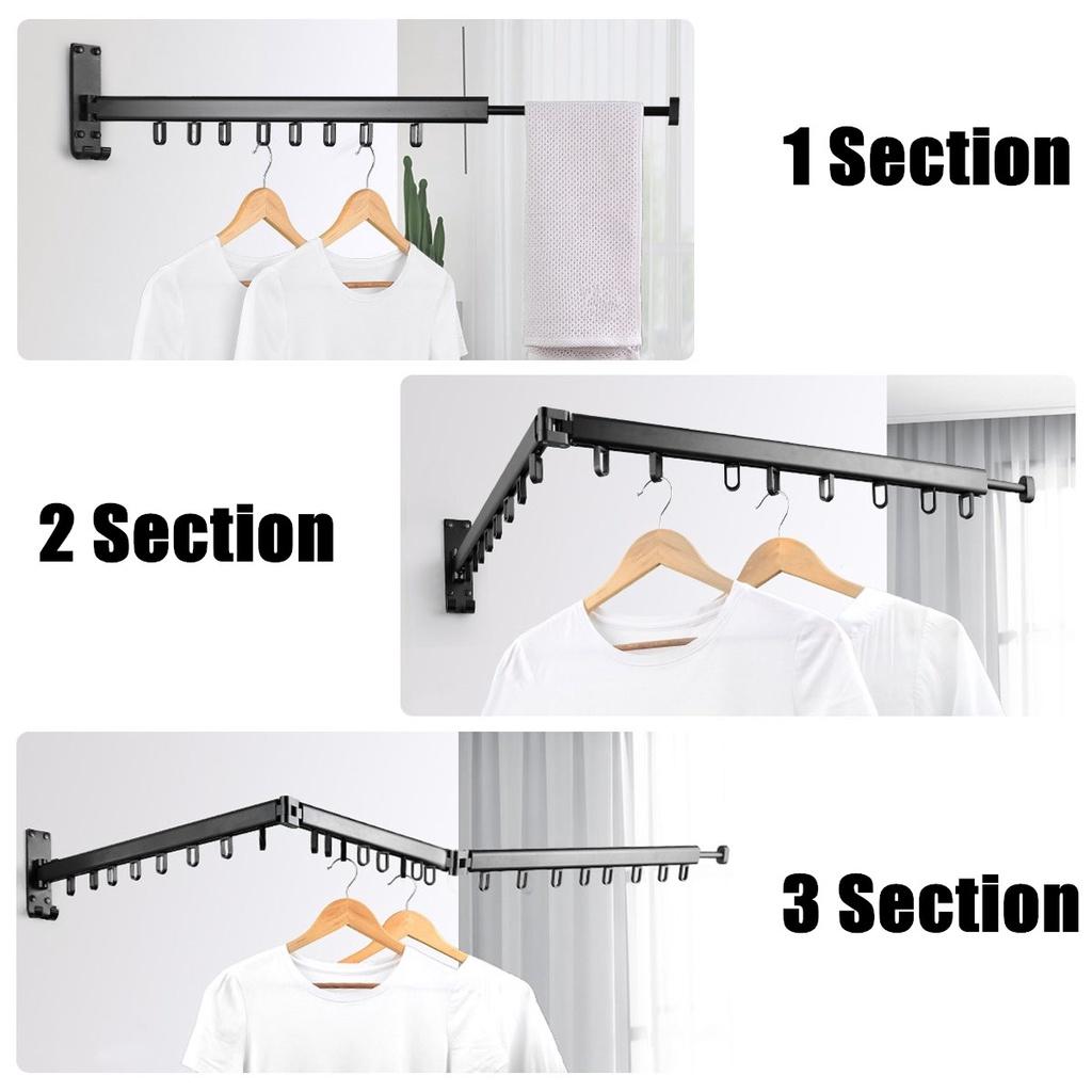 1 / 2 / 3 Section Folding Clothes Hanger Saving Laundry Organizer Telescopic Drying Clothing Rack Bar Space 100kg Wall Mounted