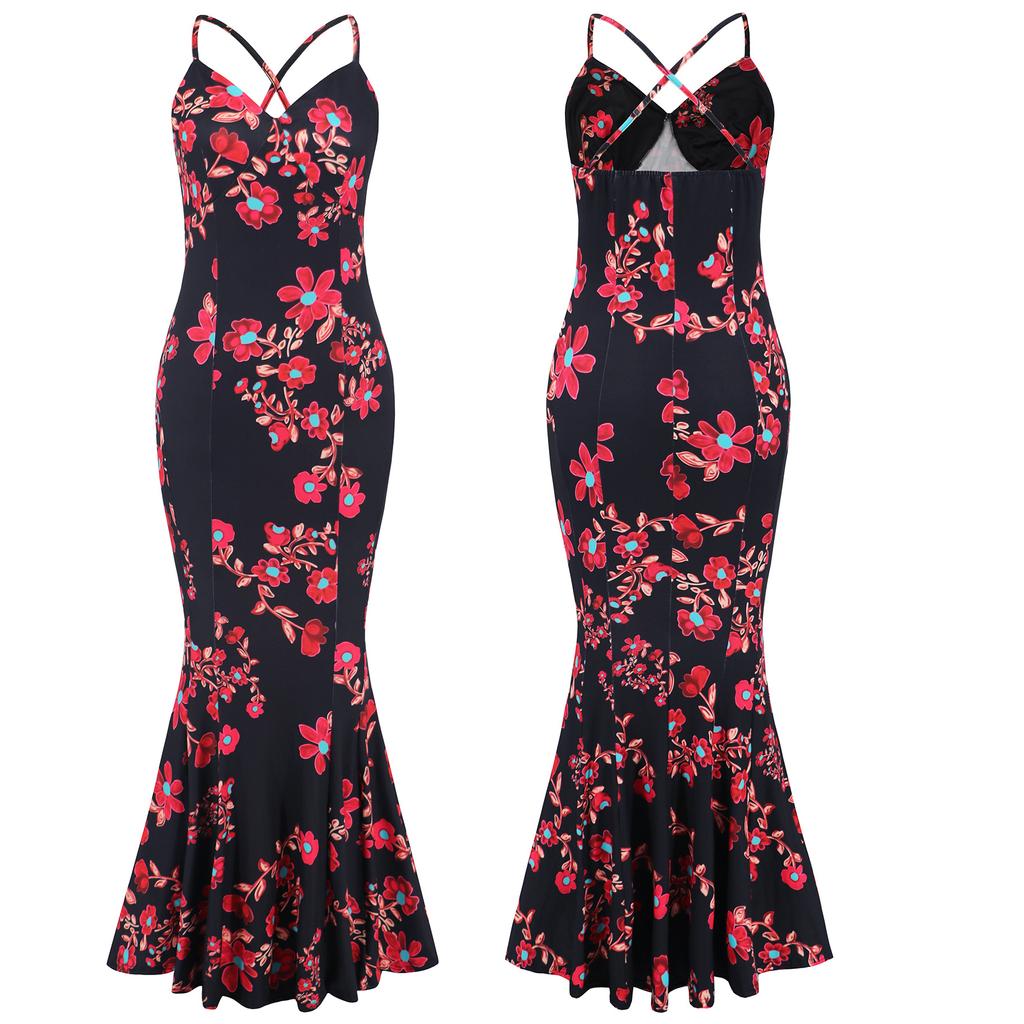 Women Floral Beach Vacation Bodycon Streetwear Maxi Dress Summer Clothes Fishtail Skirt