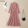 ZANZEA Women Casual Stand Collar Long Sleeve Looose Elegant Maxi Long Dress
