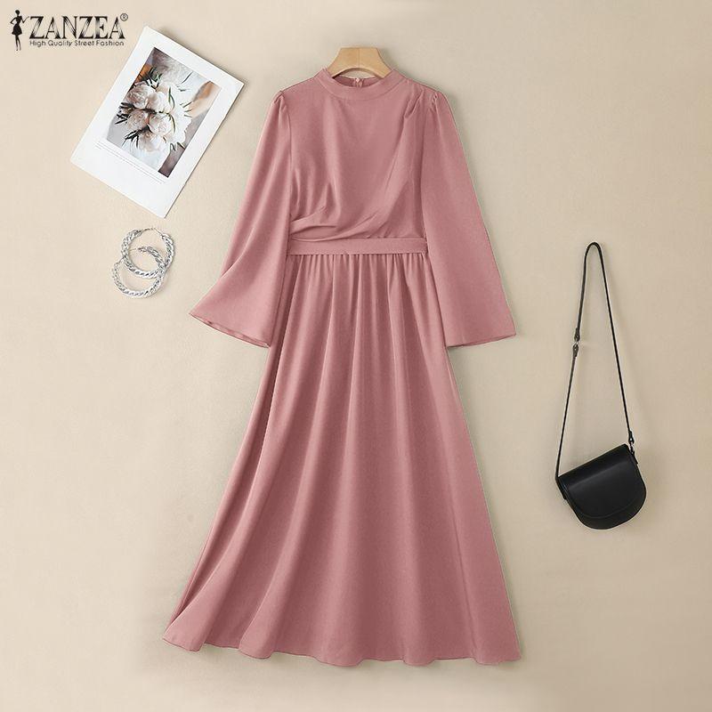 ZANZEA Women Casual Stand Collar Long Sleeve Looose Elegant Maxi Long Dress
