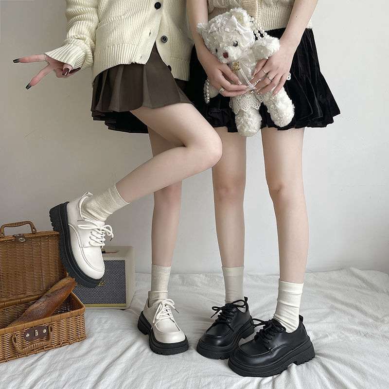 Student platform small leather shoes women's 2025 new lace-up heightening British style one-pedal single shoes British style small leather shoes